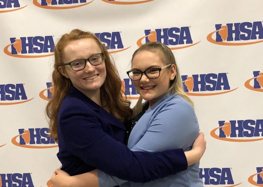 The+two+speech+state+qualifiers+Sarah+Shaw+and+Maggie+McHale+pose+at+the+state+competition.