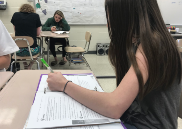 Sophomore+Hannah+Monagle+studying+for+her+Spanish+final.++Photo+by+Grace+Hensley.+